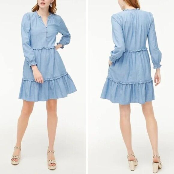 NEW J. Crew Chambray ruffle mini denim jean dress, size‎ 6 - Picture 1 of 16